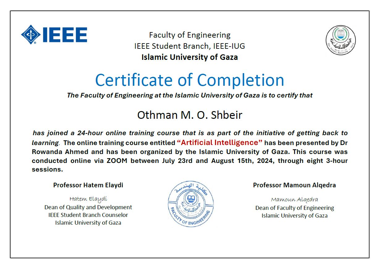 Certificate of Completion – Artificial Intelligence (IEEE–IUG)